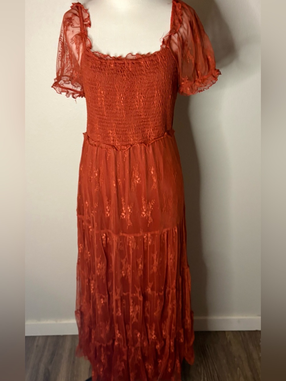 Ember Women's Lined Tiered Maxi Dress Size M Rust Orange Lace Floral Boho